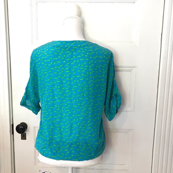 Ellie Kai Silk Blouse Top Blue Green Abstract Print V Neck Short Sleeves - Picture 4 of 5